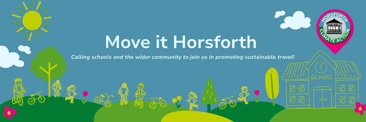 Advertising banner for Move it Horsforth. Images of active travel with text "Calling schools and the wider community to join us is promoting sustainable travel"